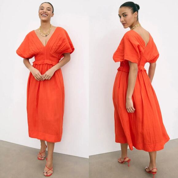 Sea New York Dresses & Skirts - Sea New York Zora Dress Short Sleeve V-Neck Pleated Midi A-Line Red Orange 12
